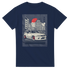 Navy Car T Shirt with JDM graphic: white sports car, city skyline, red sun, and kanji text.