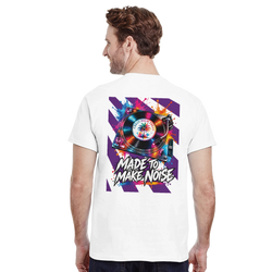 White men's t-shirt back print featuring a colorful retro DJ turntable graphic with paint splatters and "Made To Make Noise" text.