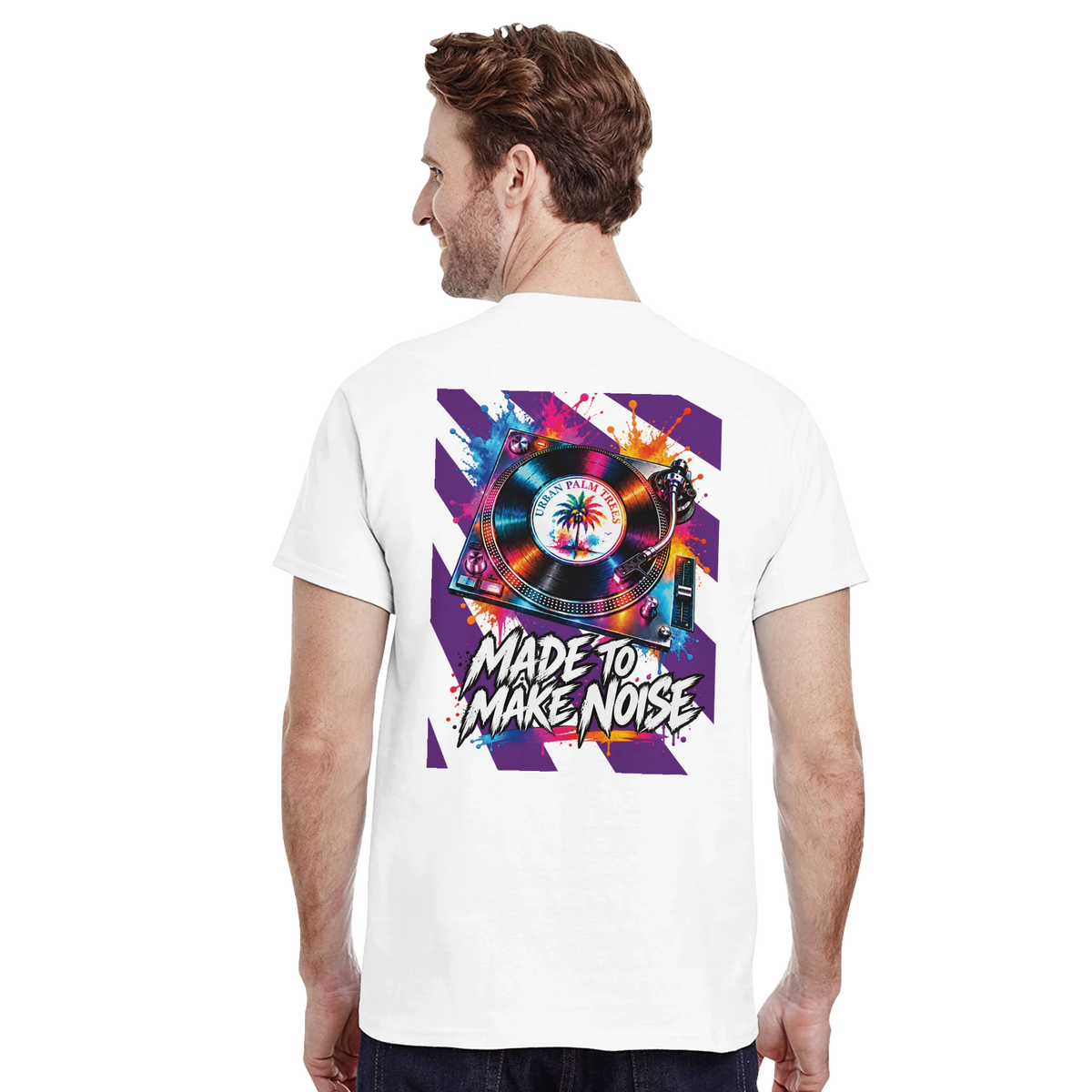 White men's t-shirt back print featuring a colorful retro DJ turntable graphic with paint splatters and "Made To Make Noise" text.