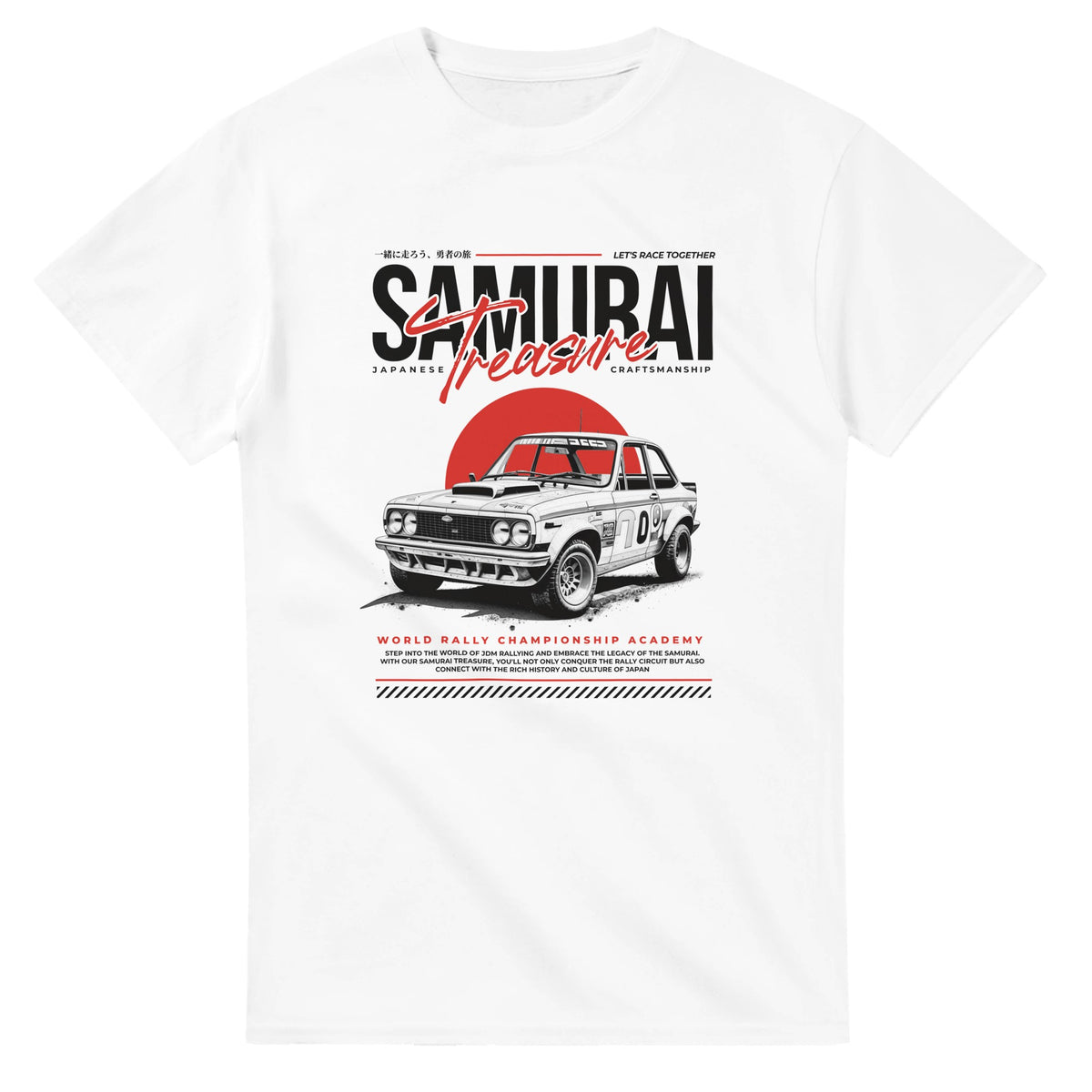 White men's graphic T-shirt featuring a vintage rally car, red sun backdrop, and Samurai Treasure text.