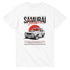 White men's graphic T-shirt featuring a vintage rally car, red sun backdrop, and Samurai Treasure text.