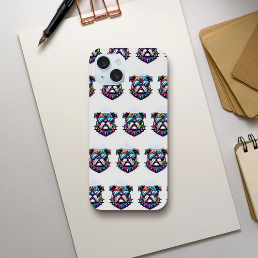 Colorful bulldog-pattern phone case with sunglasses, wraparound print, dual-layer glossy protection for iPhone 16–13