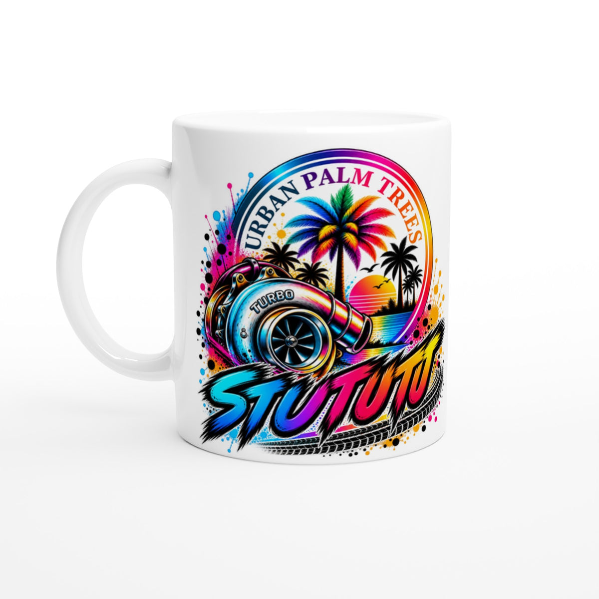 White coffee mug featuring a colorful turbocharger design with palm trees, sunset, and "Urban Palm Trees" text for car enthusiasts.