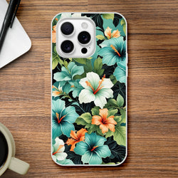 Tropical hibiscus floral iPhone case for iPhone 13-16, teal Hawaiian pattern on a slim matte shell.