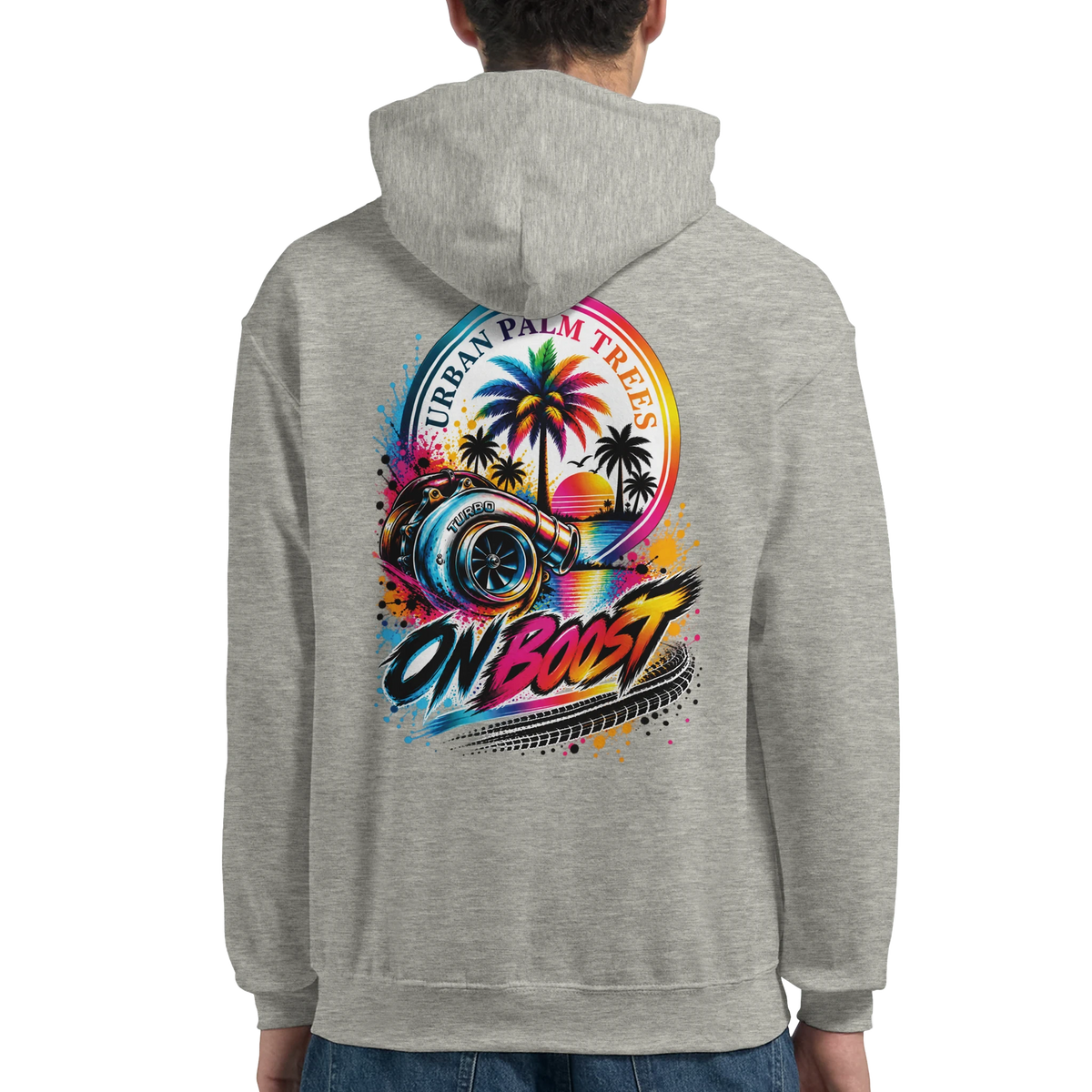 Back of grey On Boost hoodie featuring colorful turbocharger, rainbow palm trees, and "Urban Palm Trees" text for petrolhead streetwear.