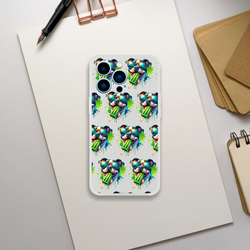 Transparent Flexi Case for iPhone 13-16 with frost texture and repeating Chill Dog wearing neon sunglasses and popsicle