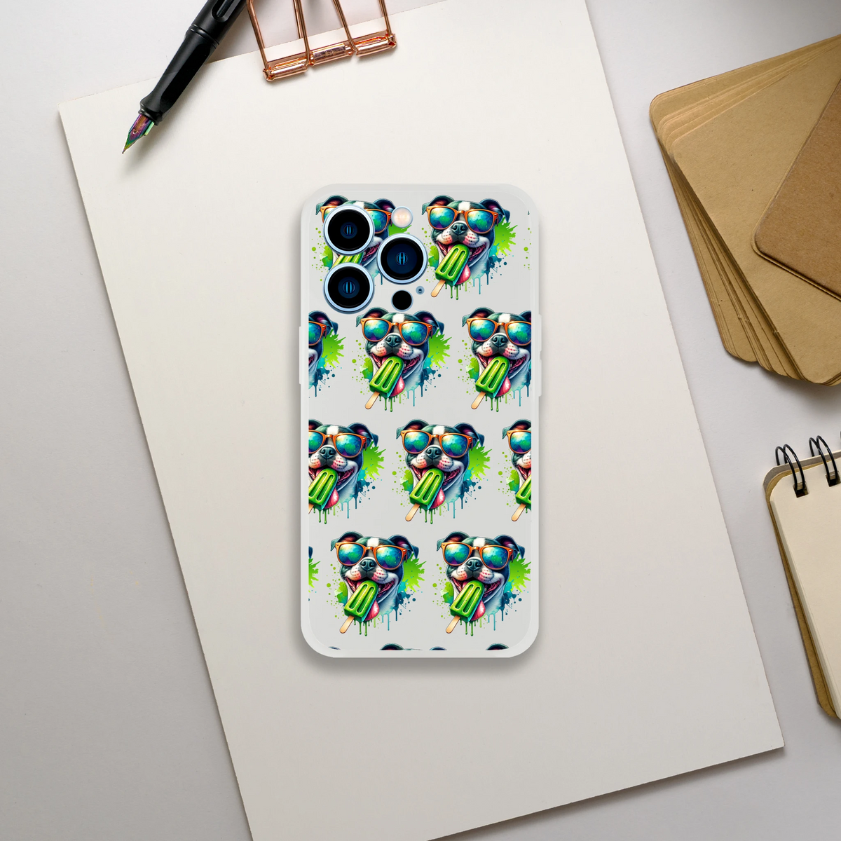 Transparent Flexi Case for iPhone 13-16 with frost texture and repeating Chill Dog wearing neon sunglasses and popsicle