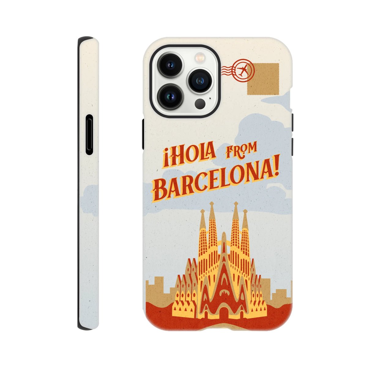 Barcelona Travel Postcard Tough iPhone Case for iPhone 13–16 with wraparound postcard print, Spain
