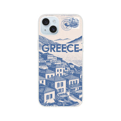 Vintage postcard Greece iPhone case for 13-16 with blue island illustration and slim Flexi protection.