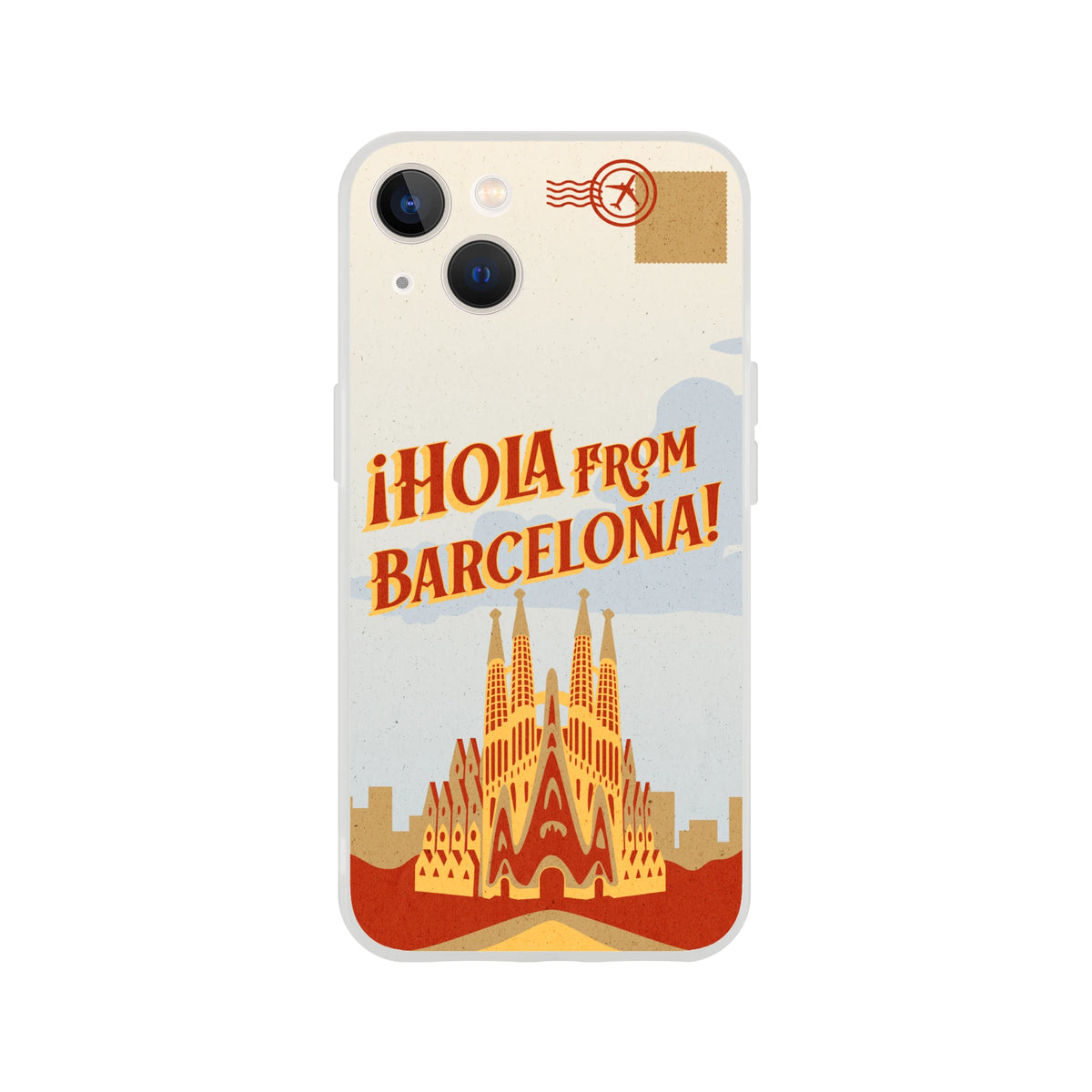 Vintage postcard-style iPhone case with Hola from Barcelona text and Barcelona skyline illustration.