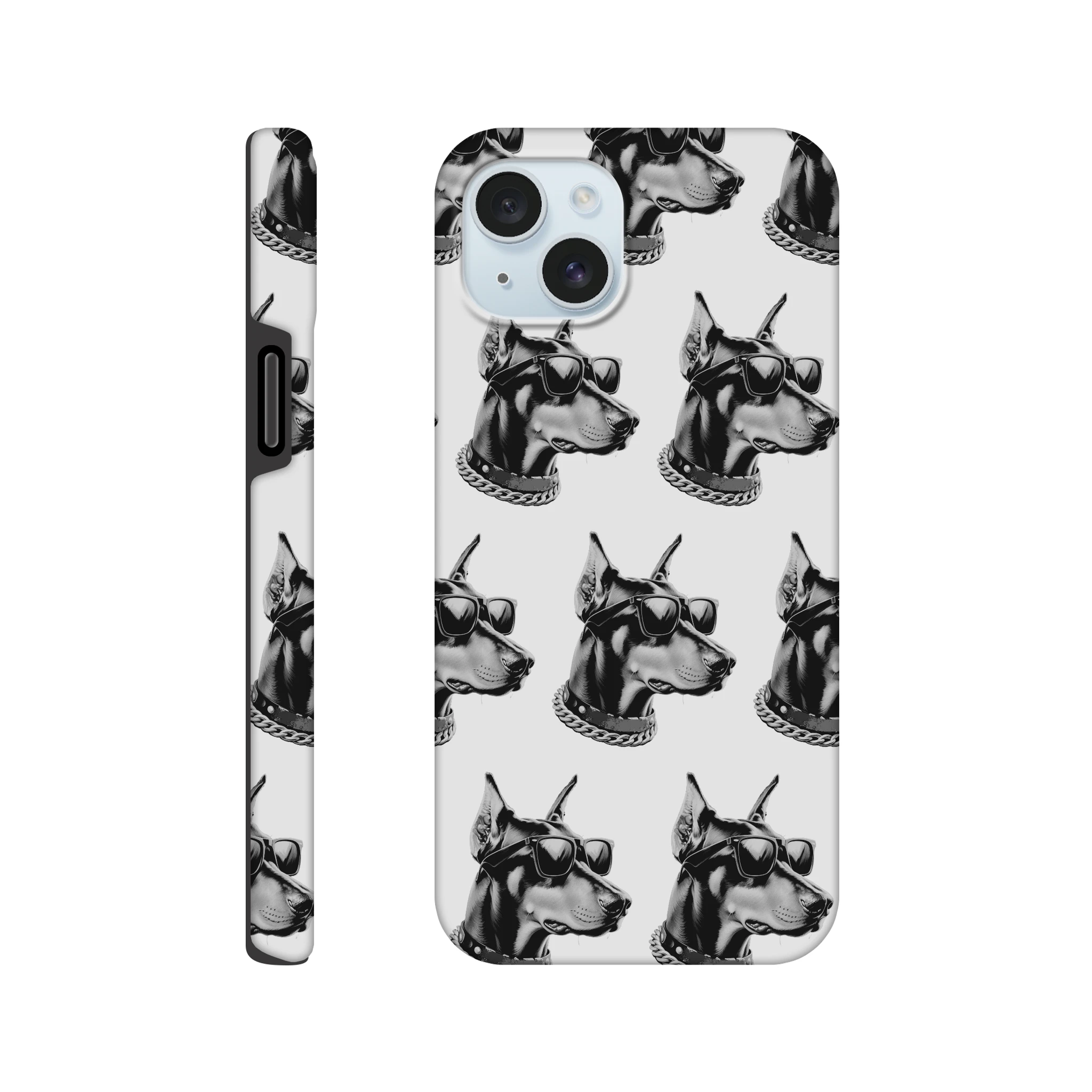 Gangster dog with sunglasses and chain on a dual-layer wraparound iPhone case for 16/15/14/13, glossy finish.