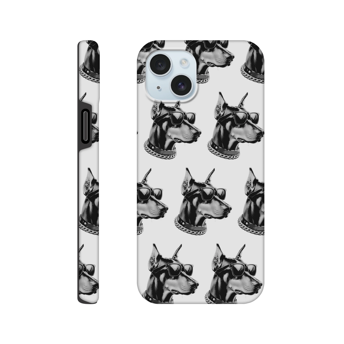 Gangster dog with sunglasses and chain on a dual-layer wraparound iPhone case for 16/15/14/13, glossy finish.