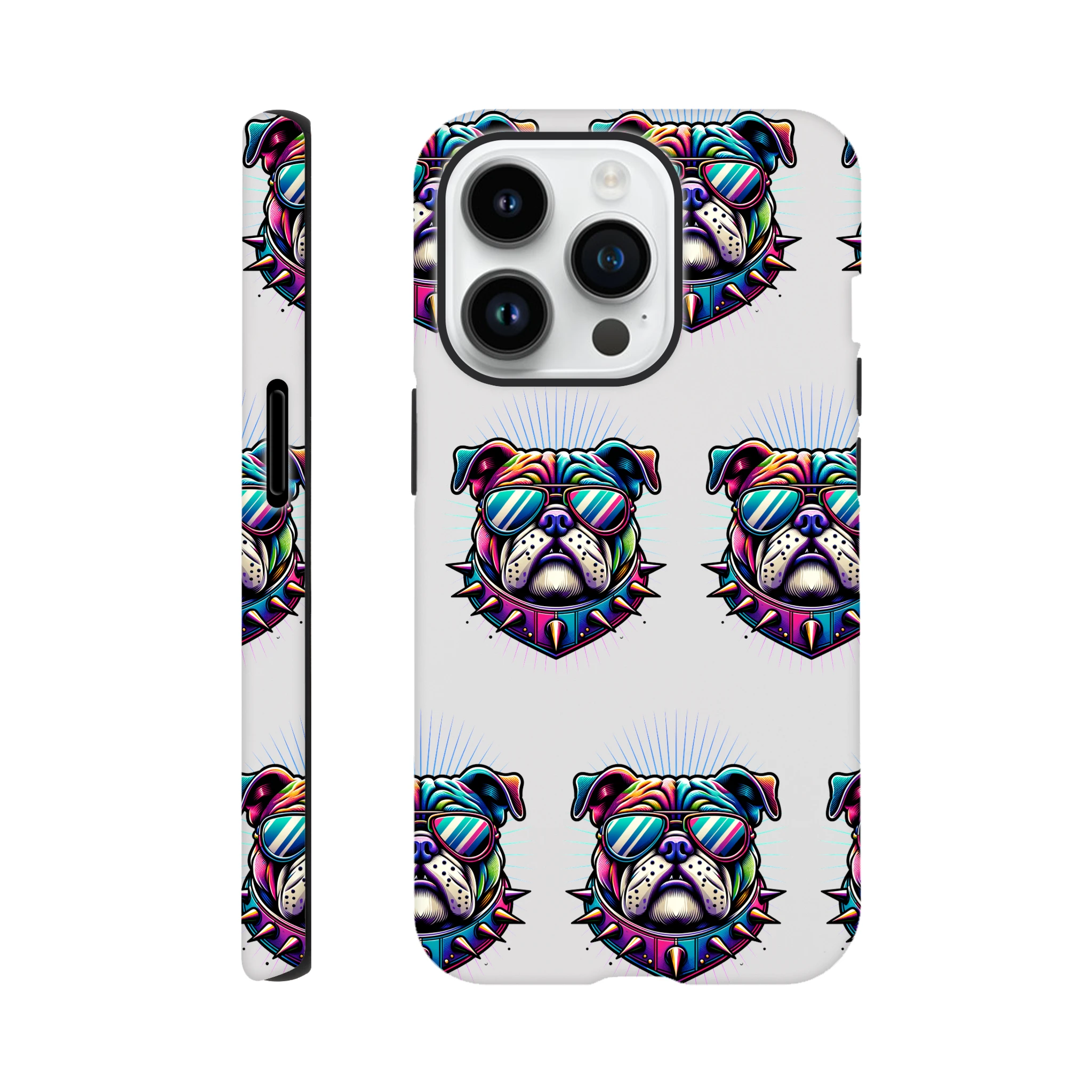 Colorful bulldog heads wearing sunglasses in a wraparound print on a tough iPhone case.