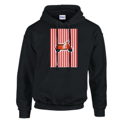 Black hoodie featuring a retro orange scooter graphic on red and white vertical stripes, capturing vintage mod style.
