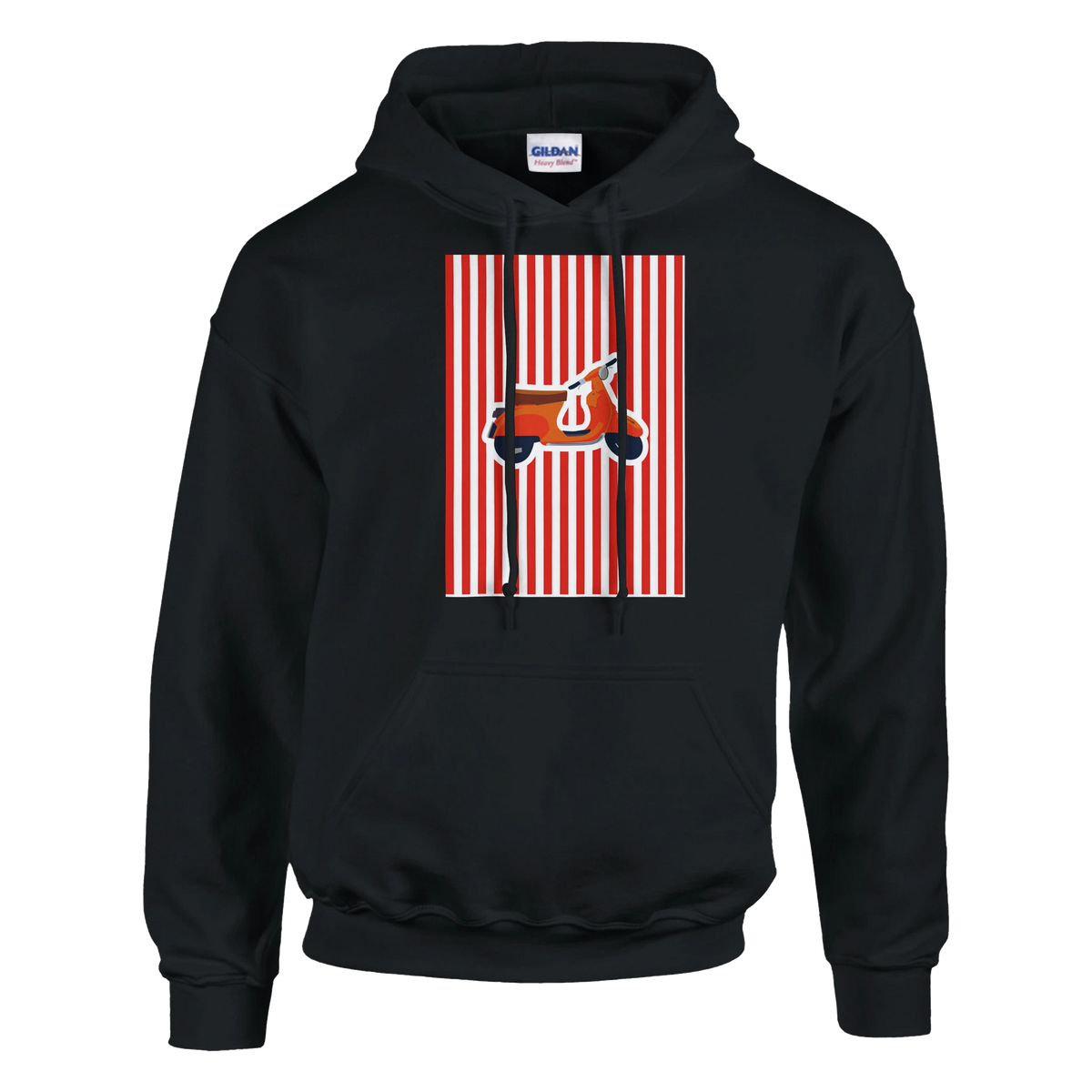 Black hoodie featuring a retro orange scooter graphic on red and white vertical stripes, capturing vintage mod style.