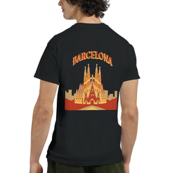 Barcelona Sagrada Familia travel tee graphic on black shirt worn by model