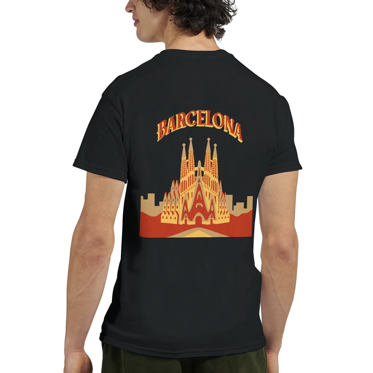Barcelona Sagrada Familia travel tee graphic on black shirt worn by model