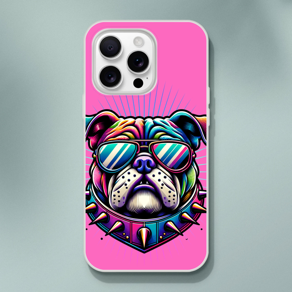 Pink Y2K Bulldog iPhone case for 13-16 with retro dog art and matte finish