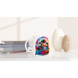White petrolhead mug featuring colorful Urban Palm Trees car art, perfect for car enthusiast coffee breaks.