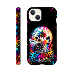 Black iPhone case with modified car, "Urban Palm Trees" logo, and colorful "Fitment" graffiti art on black splatter background.