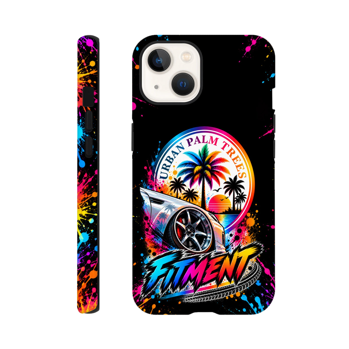 Black iPhone case with modified car, "Urban Palm Trees" logo, and colorful "Fitment" graffiti art on black splatter background.