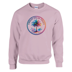Pink men's pullover with a colorful circular palm-tree graphic from Urban Palm Trees.