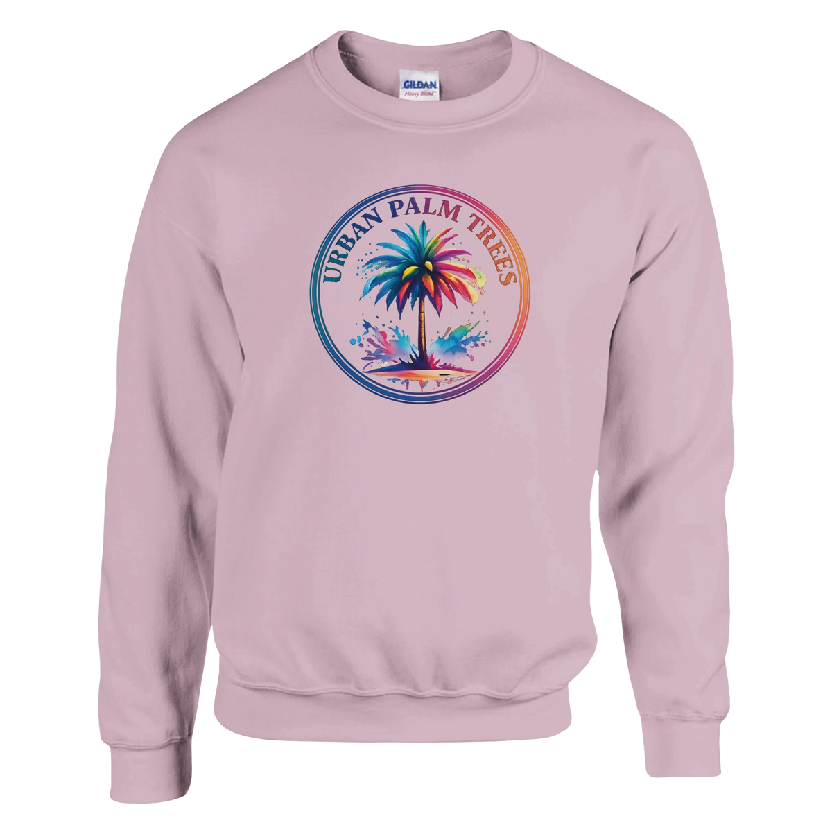 Pink men's pullover with a colorful circular palm-tree graphic from Urban Palm Trees.