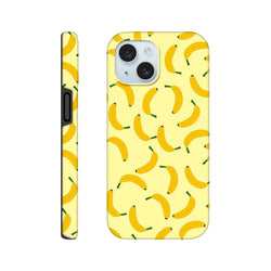 Yellow banana pattern tough iPhone case featuring a cute fruit print and wraparound design for playful everyday protection.