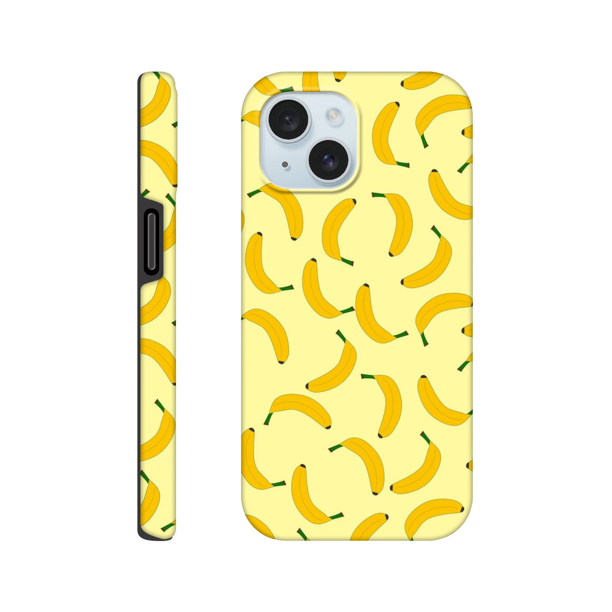 Yellow banana pattern tough iPhone case featuring a cute fruit print and wraparound design for playful everyday protection.
