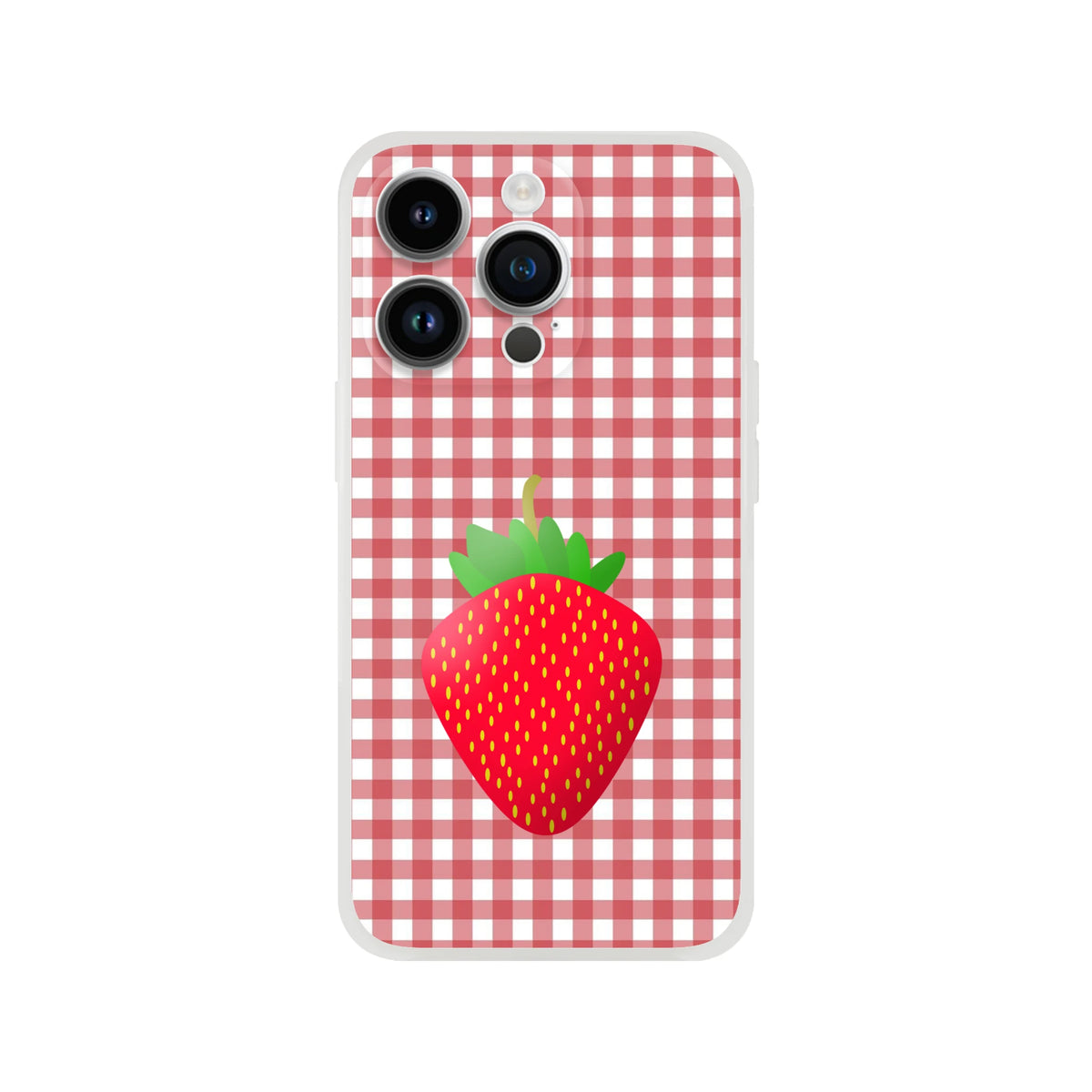 Cute Strawberry Gingham iPhone case with pink matte finish and strawberry graphic for 13–16.