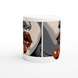 Cherries retro mug featuring pop-art lips and hanging cherries on glossy white ceramic.