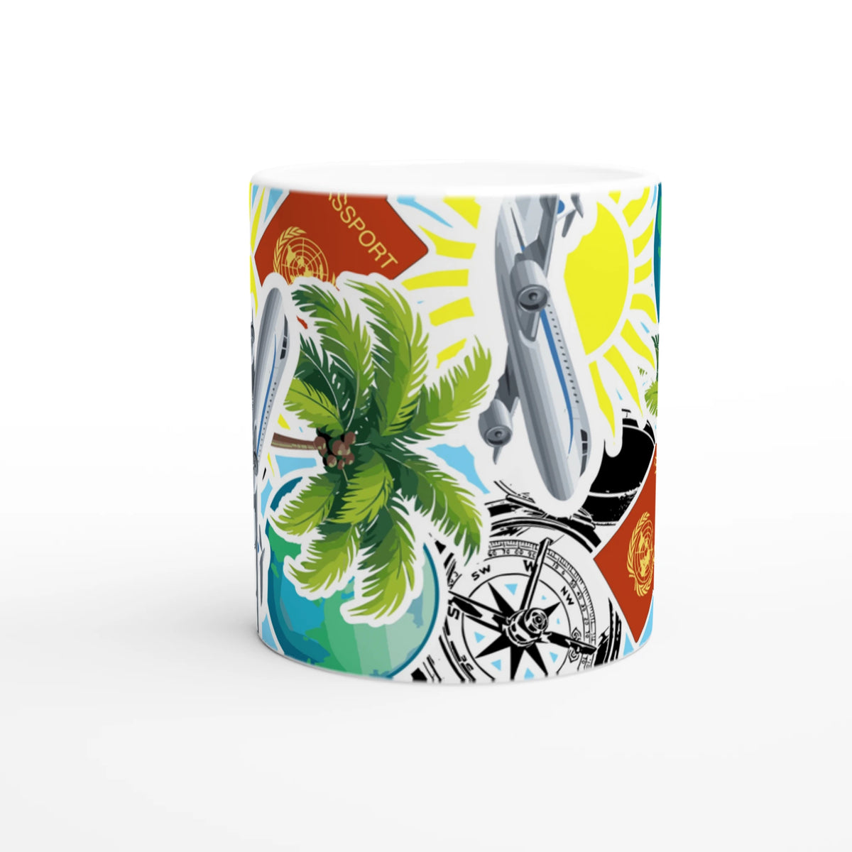 Travel adventure ceramic mug featuring passport, compass, airplane, and tropical palm tree design.