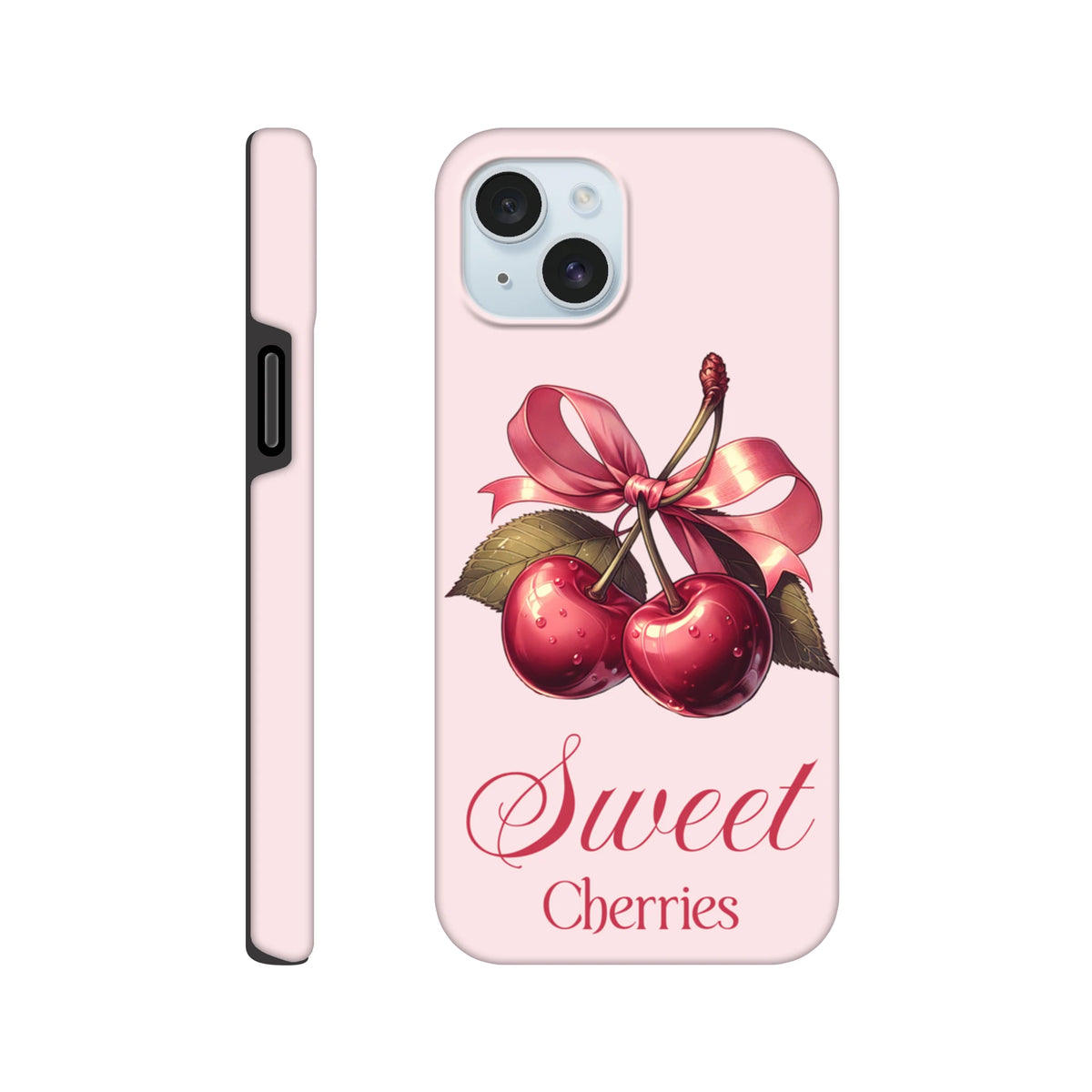 Pink iPhone case featuring retro red cherries tied with a pink ribbon and Sweet Cherries script text.