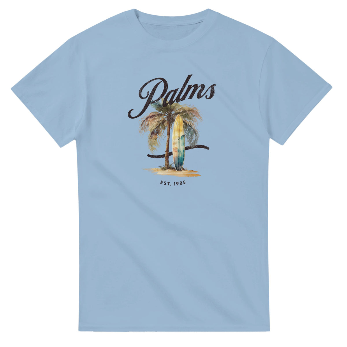 Light blue women's tee featuring a palm tree, surfboard graphic, Palms script, and EST. 1985.