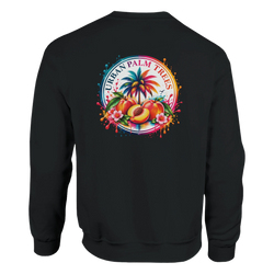 Black hoodie featuring a tropical retro back print with peaches, palm trees, and splashes of colorful paint in a vintage circular design.