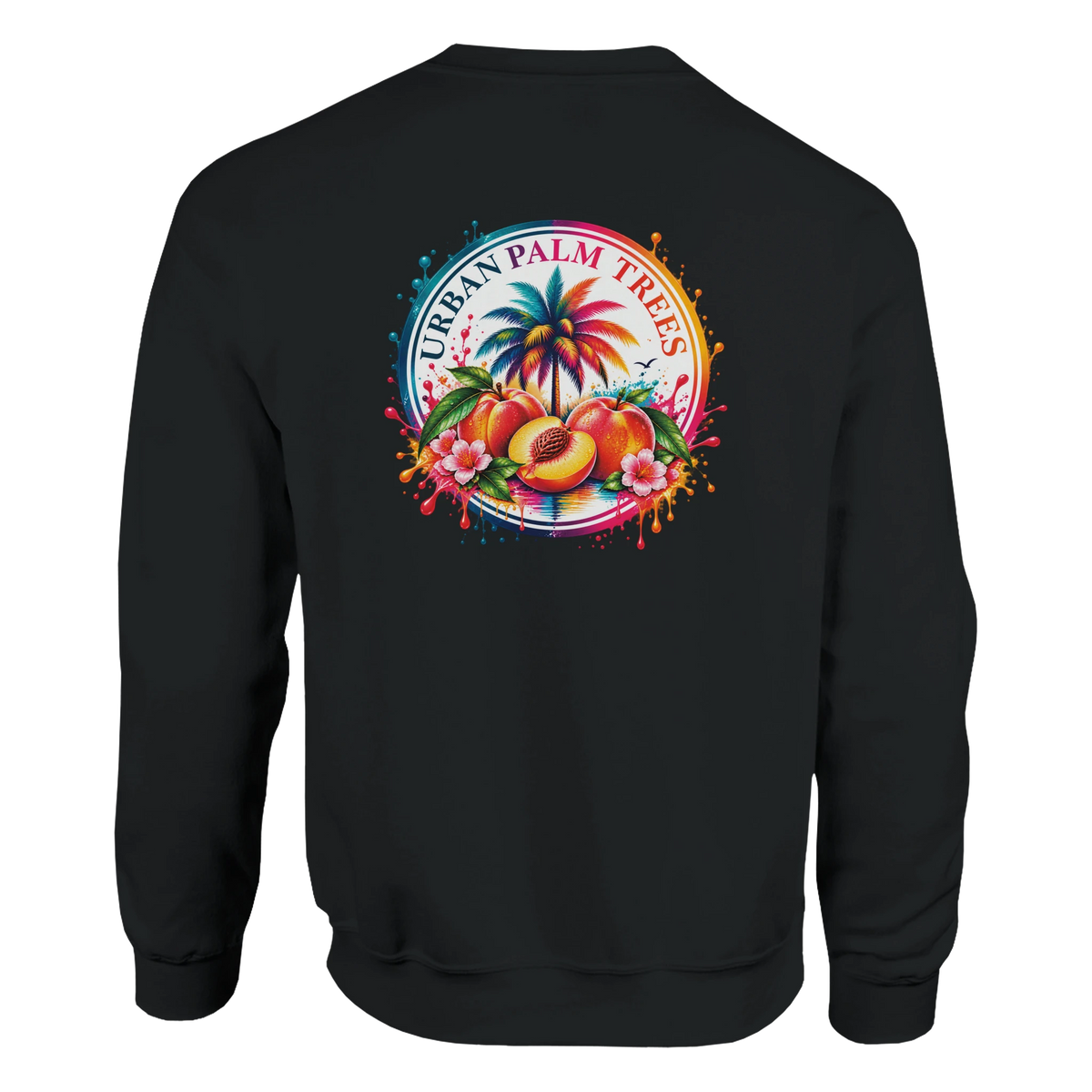 Black hoodie featuring a tropical retro back print with peaches, palm trees, and splashes of colorful paint in a vintage circular design.