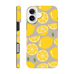 Yellow lemon pattern tough iPhone case with durable drop guard handle and bold citrus wraparound design for city life.