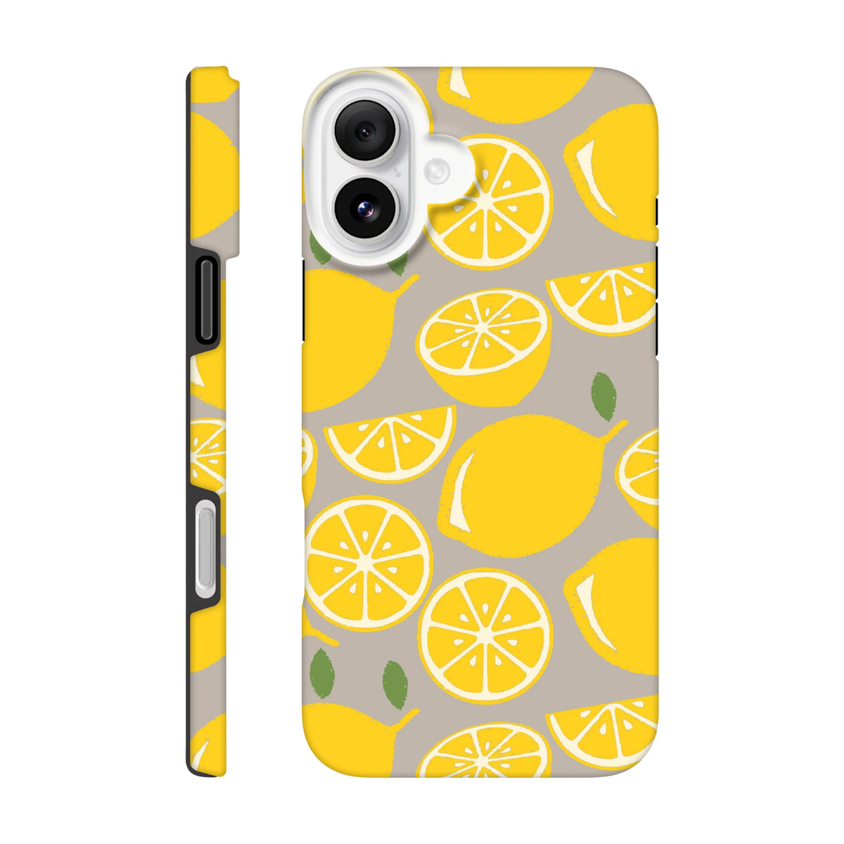 Yellow lemon pattern tough iPhone case with durable drop guard handle and bold citrus wraparound design for city life.
