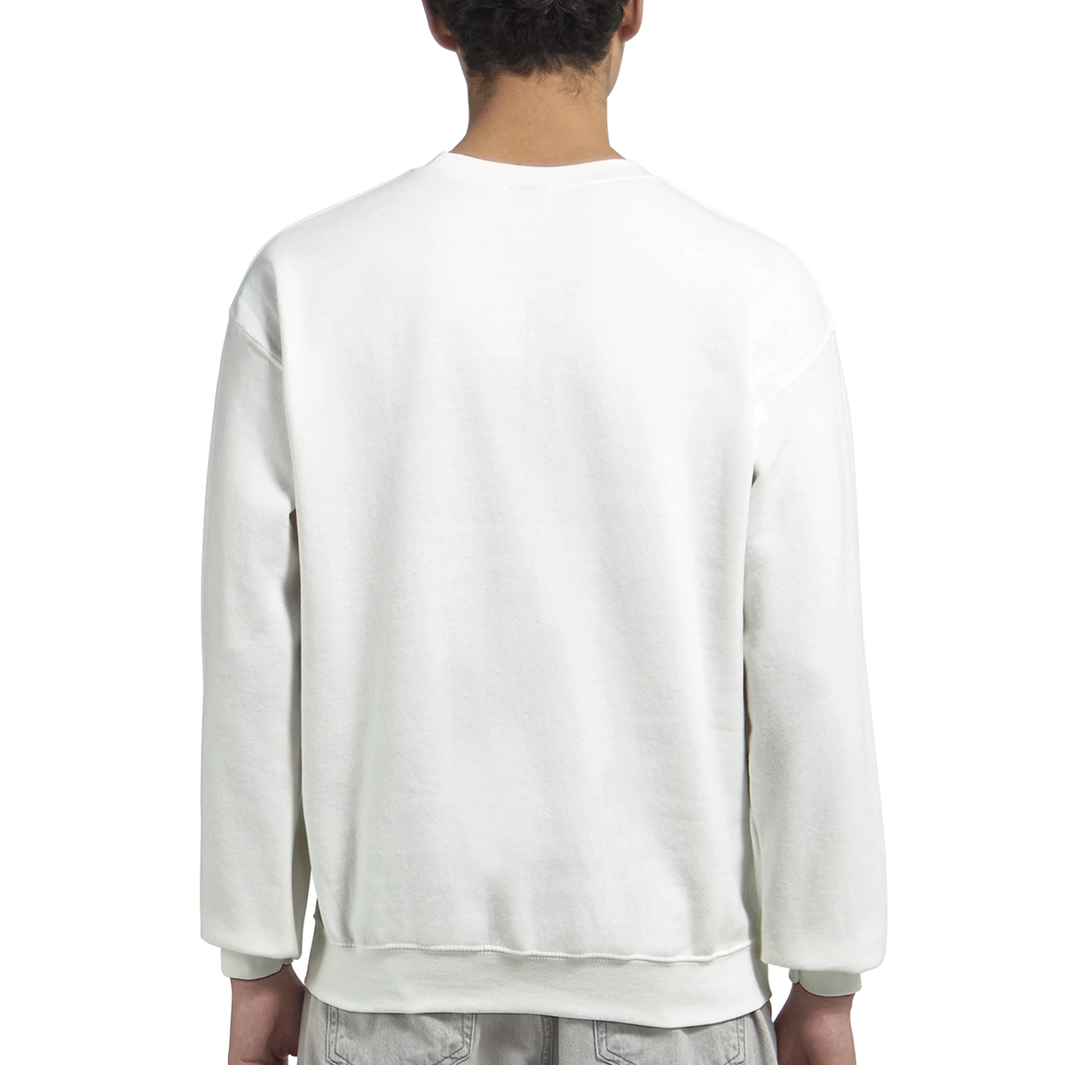 Back view of white Urban Teddy Bear men's graphic sweatshirt, heavy-weight 50/50 cotton-poly blend, sizes S–XL.