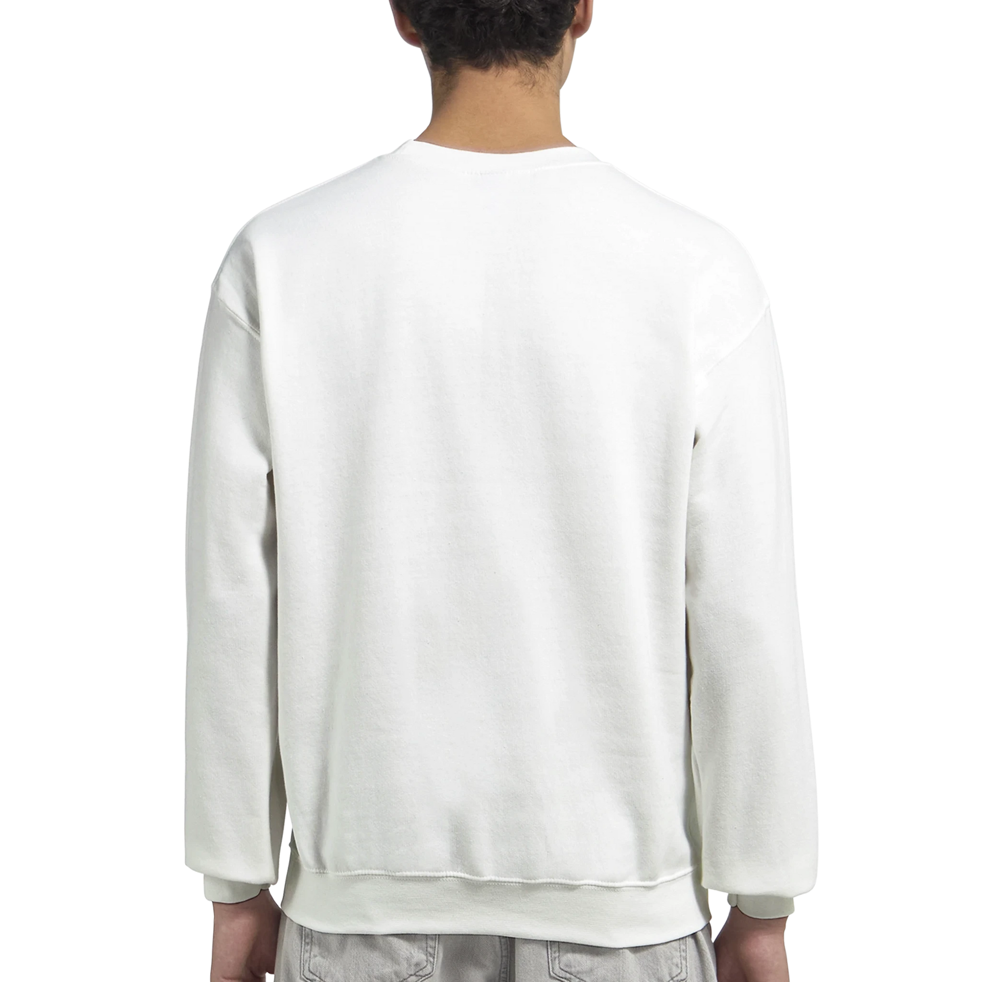 Person wearing a plain white men's graphic sweatshirt on a white background