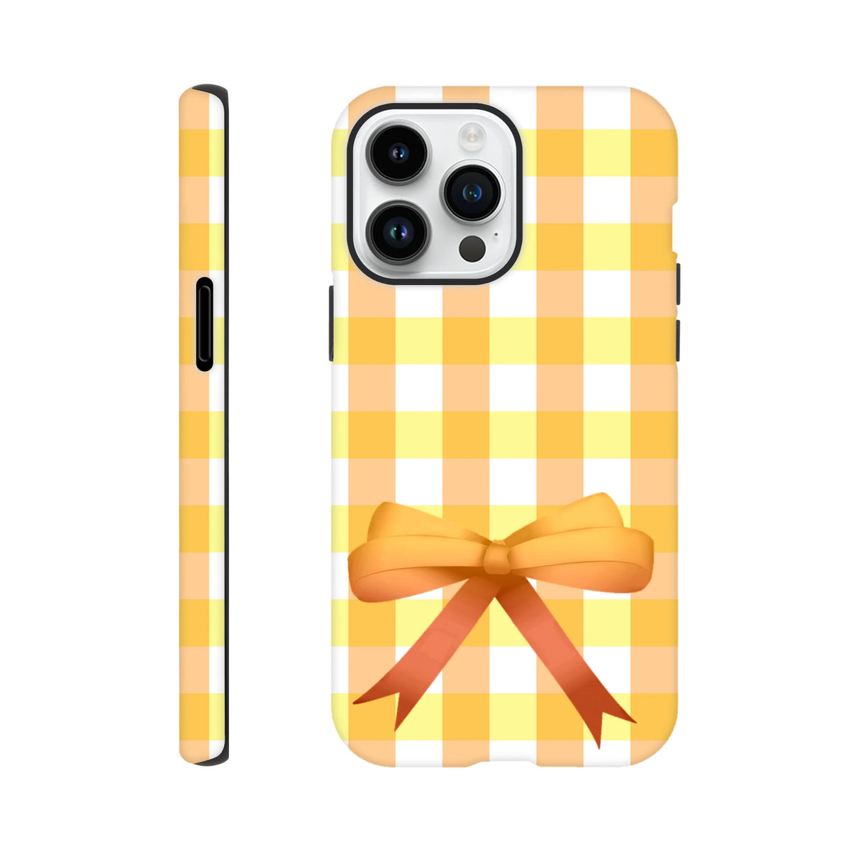 Yellow gingham iPhone case featuring a 3D orange bow and vintage check pattern for a cute coquette street style look.