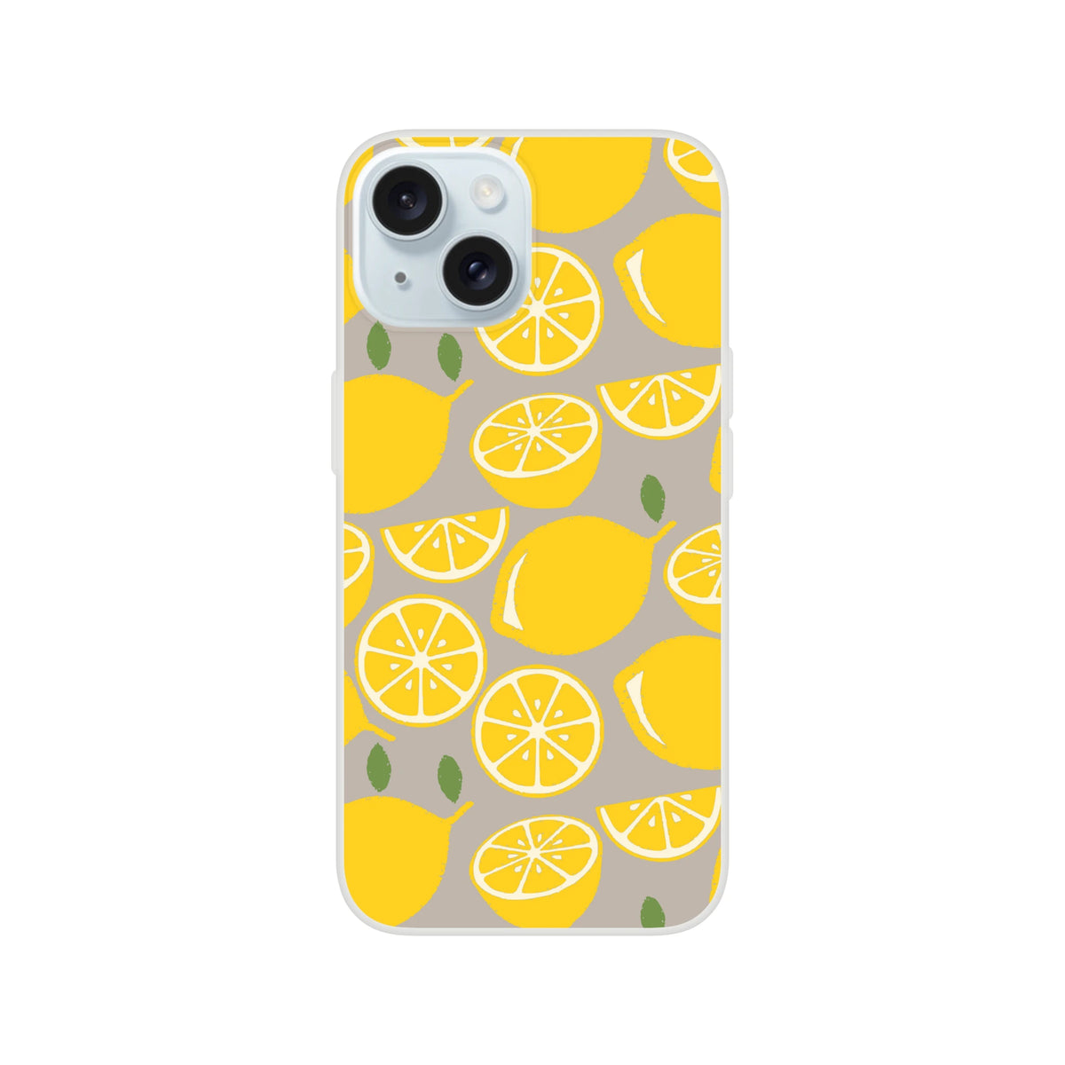 iPhone case with bright yellow lemon slices on gray background, citrus print for iPhone 13-16.
