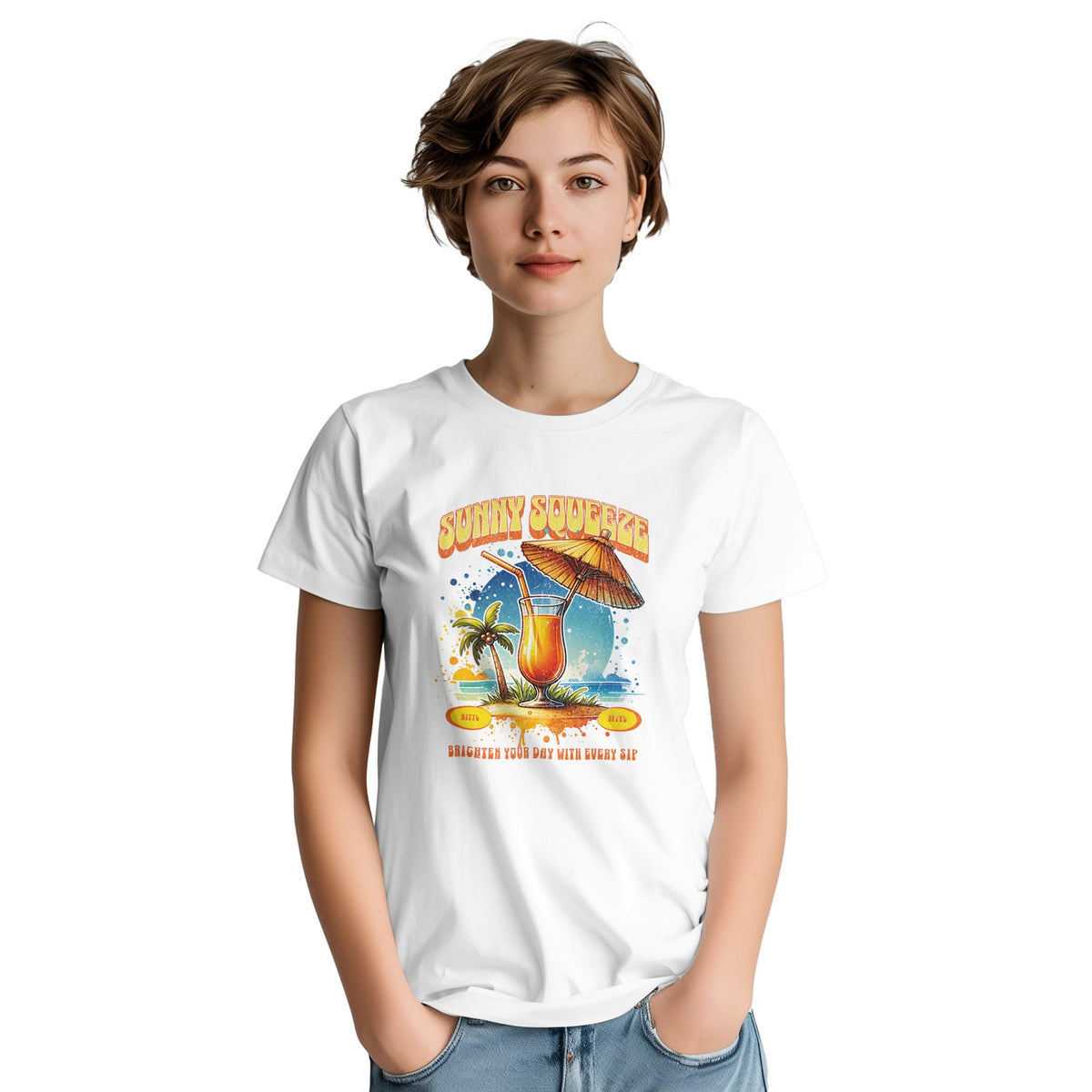 White women's graphic tee featuring a tropical cocktail, palm trees, and sun on a model.