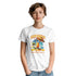 White women's graphic tee featuring a tropical cocktail, palm trees, and sun on a model.