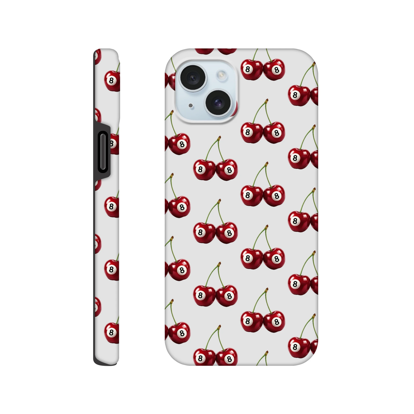 Lucky Cherries tough protective case with wraparound cherry print for iPhone 16/15/14/13, glossy dual-layer design.