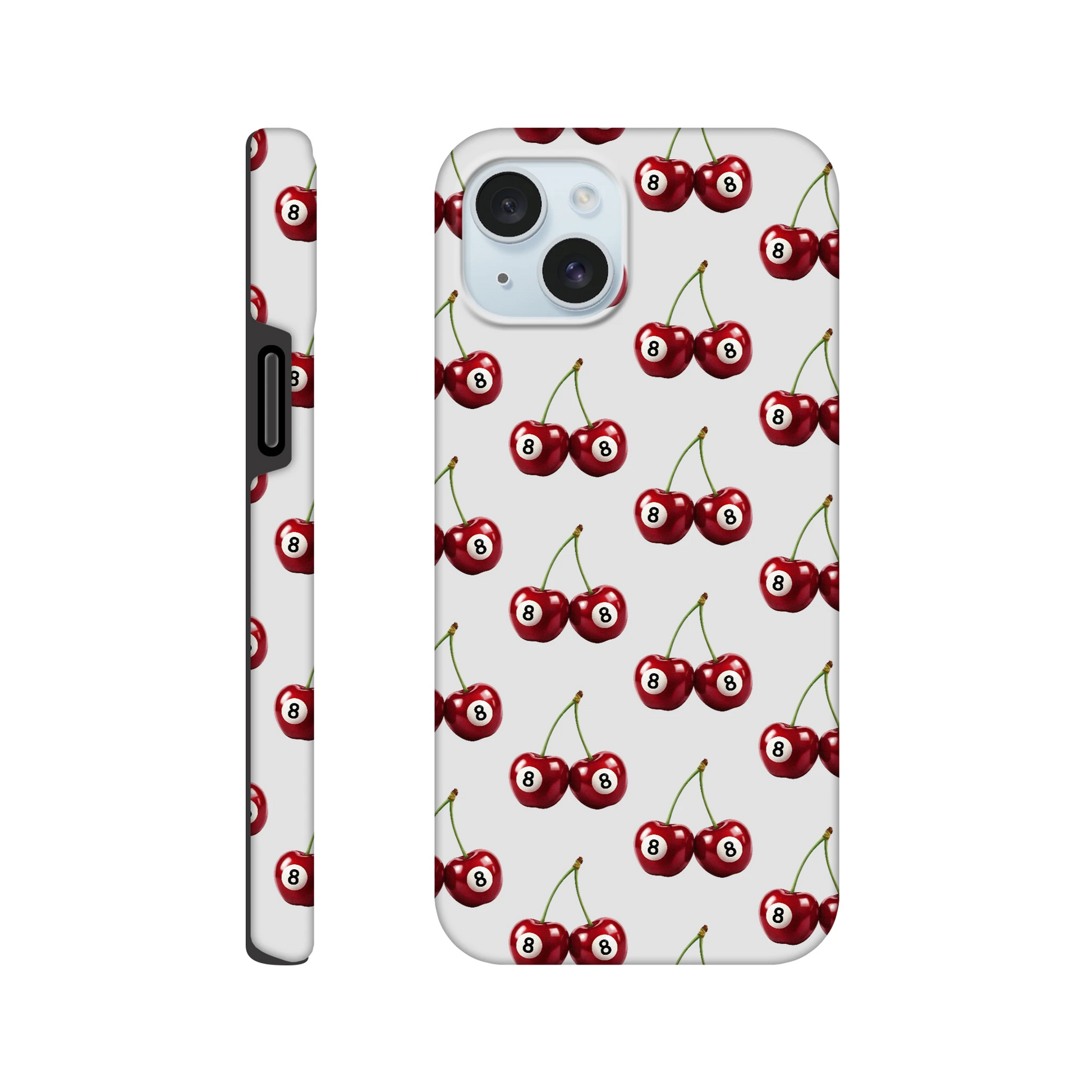 Lucky Cherries tough protective case with wraparound cherry print for iPhone 16/15/14/13, glossy dual-layer design.