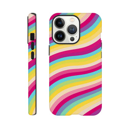 Retro rainbow wave iPhone case with shock-absorbing TPU protection. Vibrant striped design fits iPhone 13-16 models.