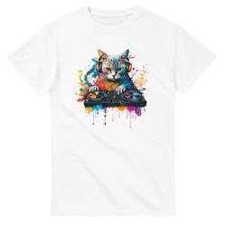 White men's streetwear tee featuring a colorful graphic of a cat wearing headphones and mixing on DJ turntables with vibrant paint splatters.