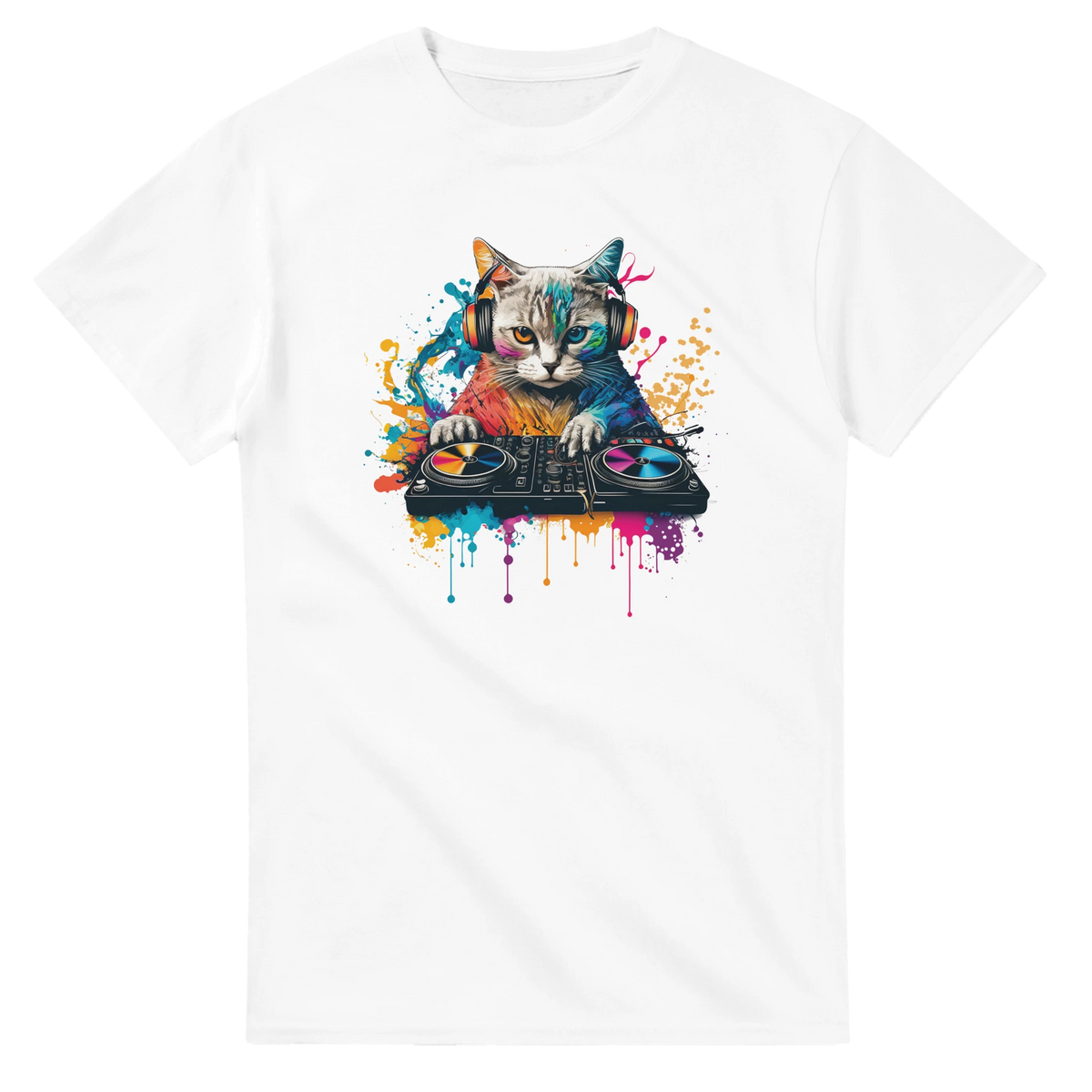 White men's streetwear tee featuring a colorful graphic of a cat wearing headphones and mixing on DJ turntables with vibrant paint splatters.