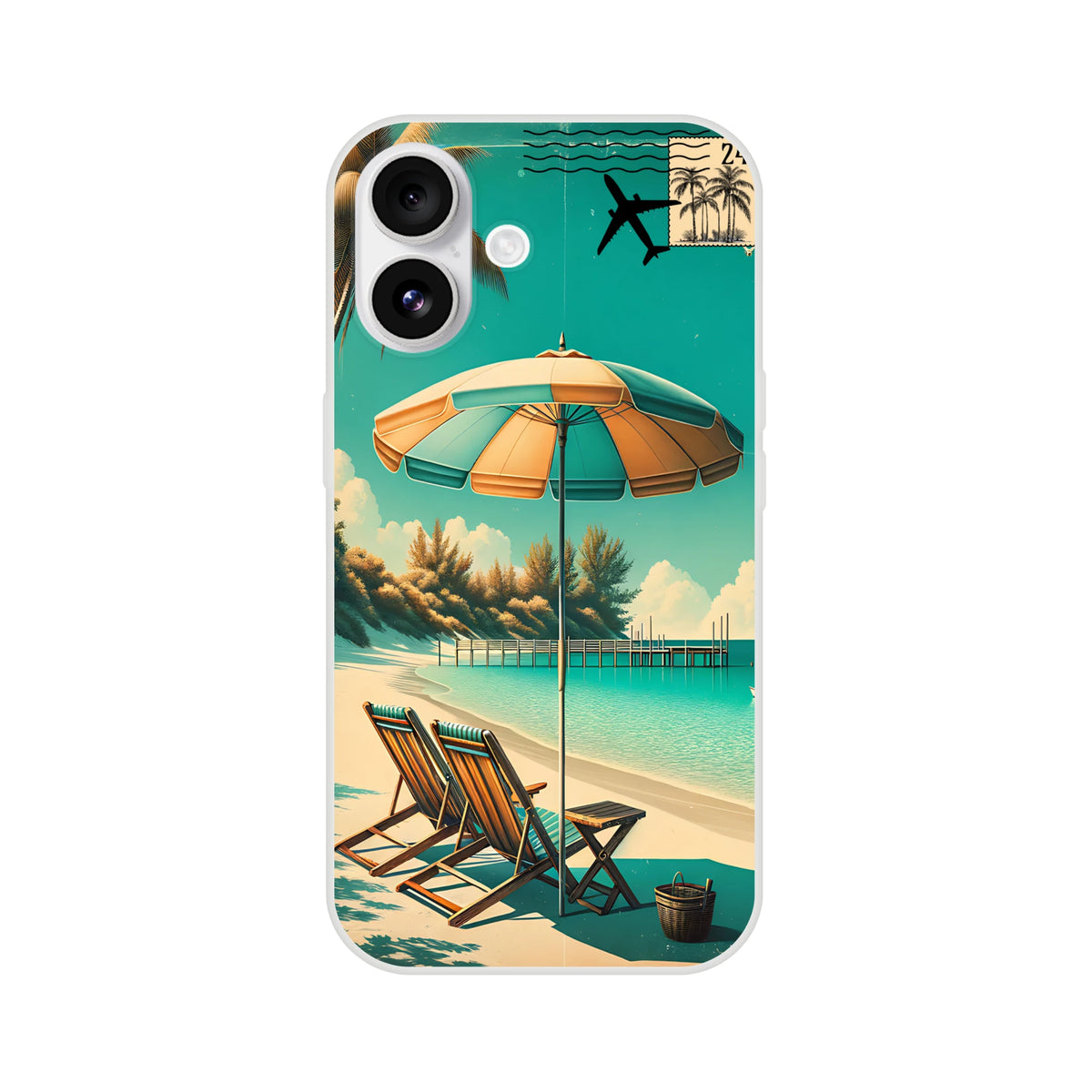 Vintage postcard iPhone case for 13-16 with tropical beach scene, umbrellas and palm trees.